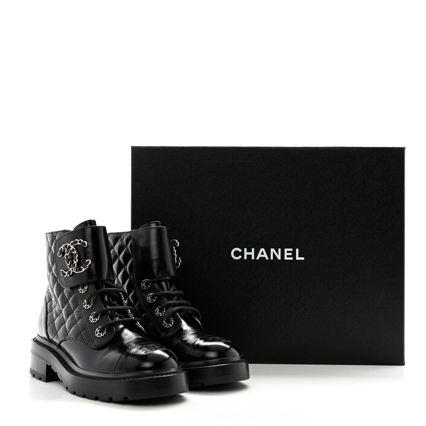 Shiny Calfskin Quilted Lace Up Combat Boots 37 Black
