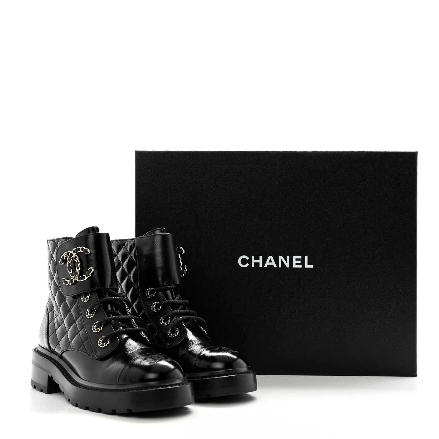 Chanel Shiny Calfskin Quilted Lace Up Combat Boots 37 Black 9 of 12