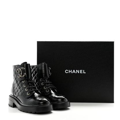 Chanel Shiny Calfskin Quilted Lace Up Combat Boots 37 Black 9 of 12