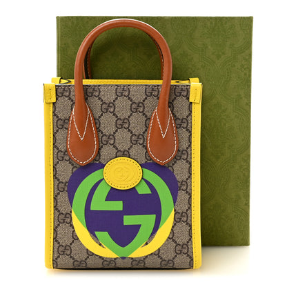 Gucci GG Supreme Monogram Textured Dollar Calfskin Heart Interlocking G Mini Vertical Tote Beige Ebony Harness Brown Yellow 10 of 10