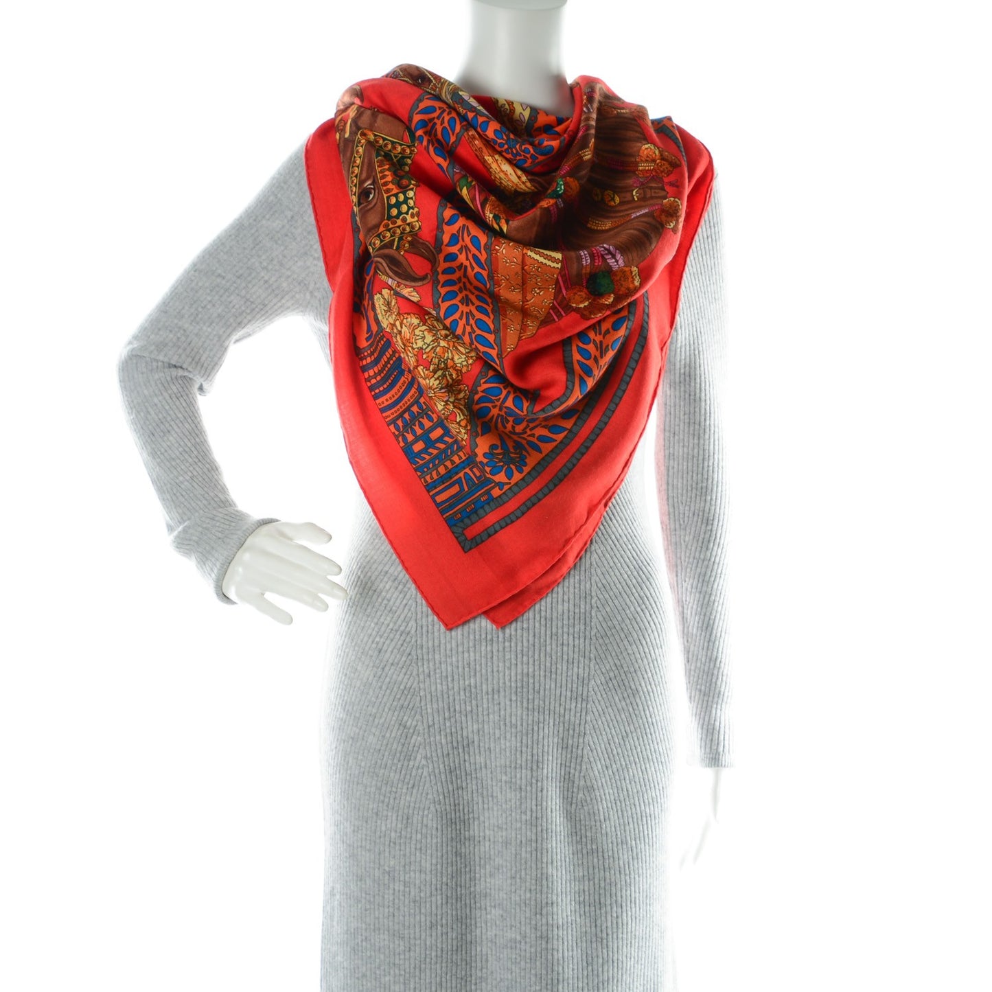 Cashmere Silk La Danse Du Cheval Marwari Shawl 140 Vermilion Marron Cobalt