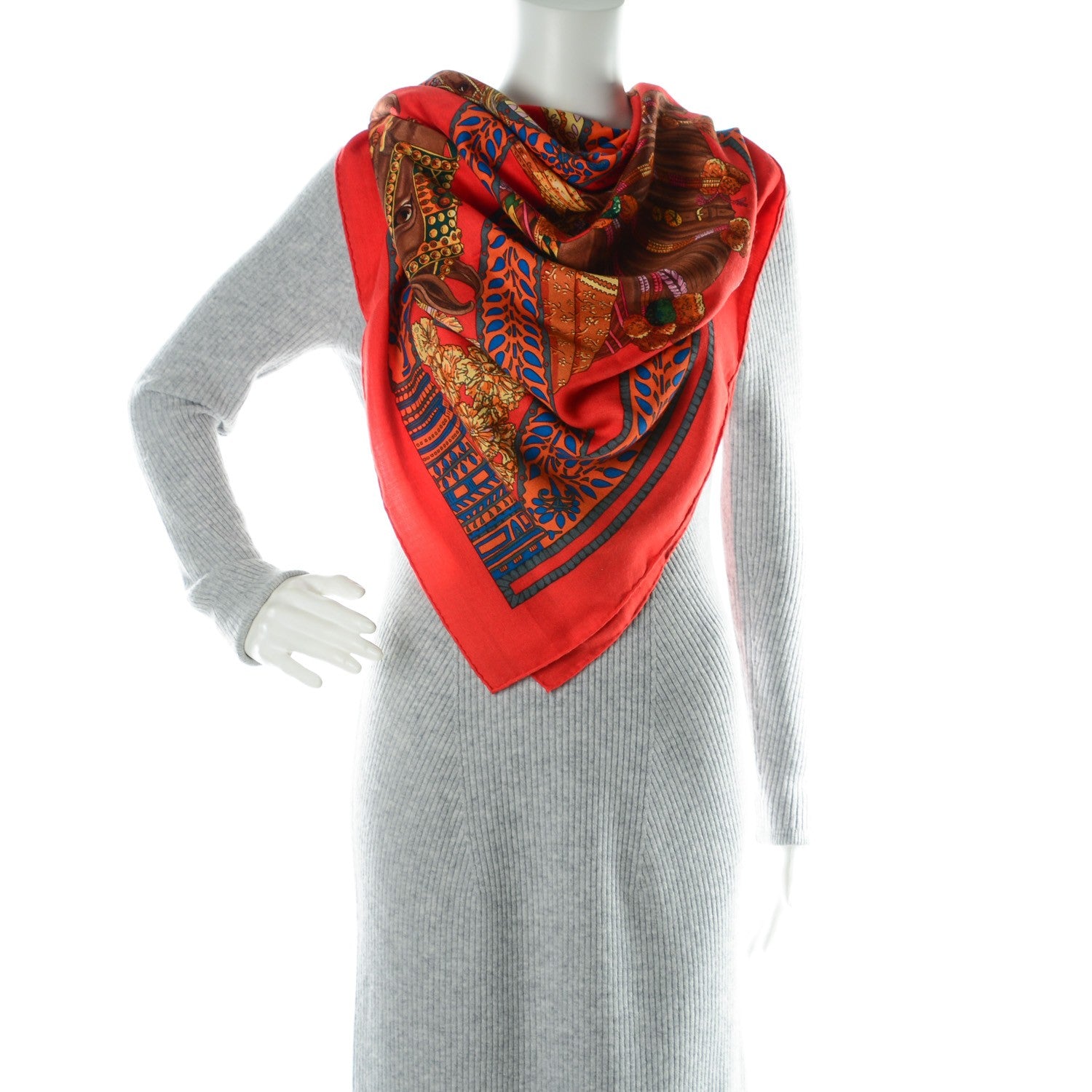 Hermes Cashmere Silk La Danse Du Cheval Marwari Shawl 140 Vermilion Marron Cobalt 2 of 6