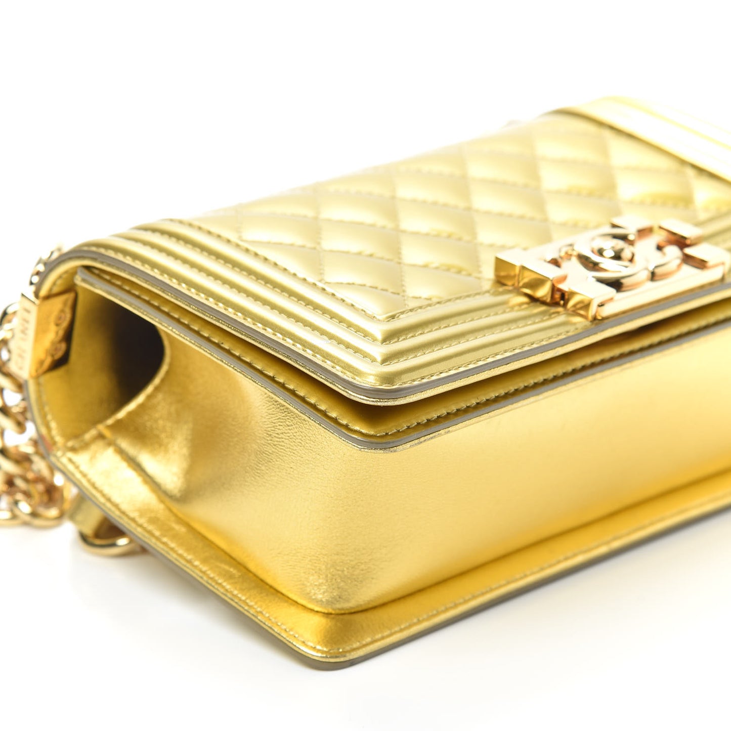 Metallic Patent Calfskin Quilted Small Boy Flap Gold