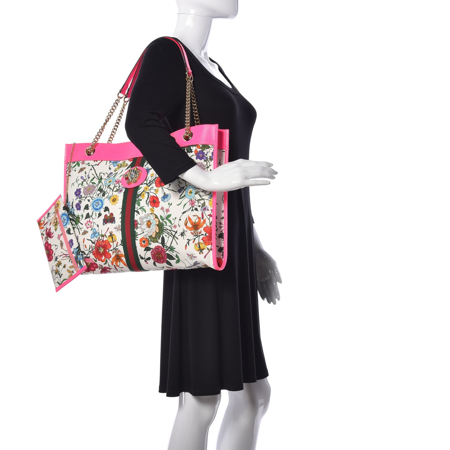 Canvas Flora Large Rajah Chain Tote White Multicolor Fuxia Fluo