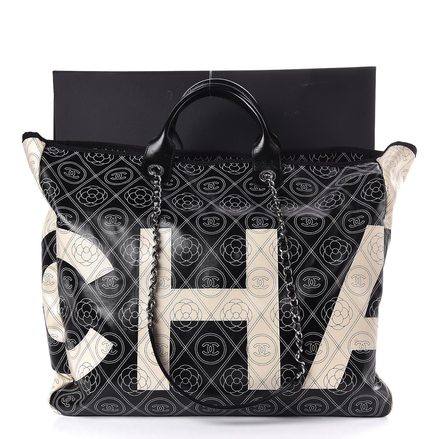 Chanel Coated Canvas Camellia Large Shopping Tote Black Beige 8 of 8