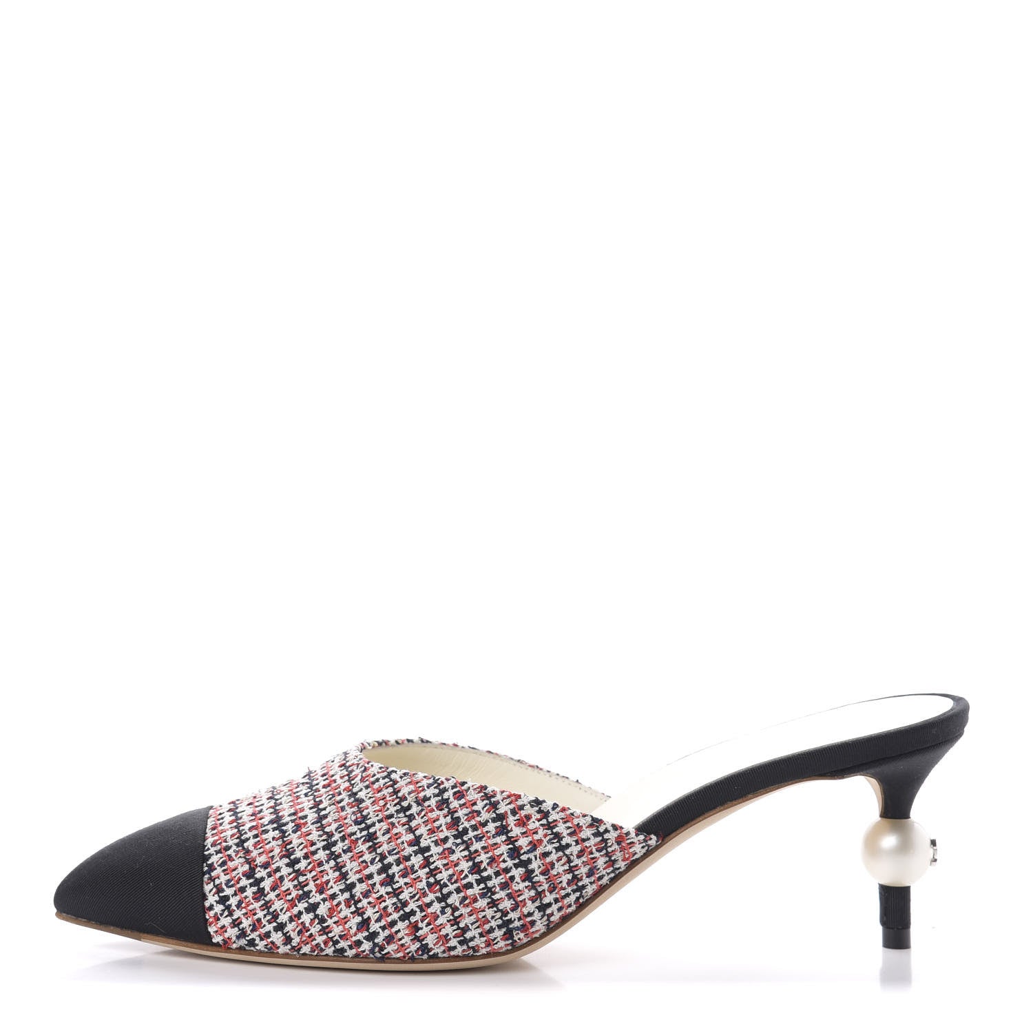 Chanel Tweed Grosgrain Pearl Cap Toe Mules 37 Black Red 1 of 9