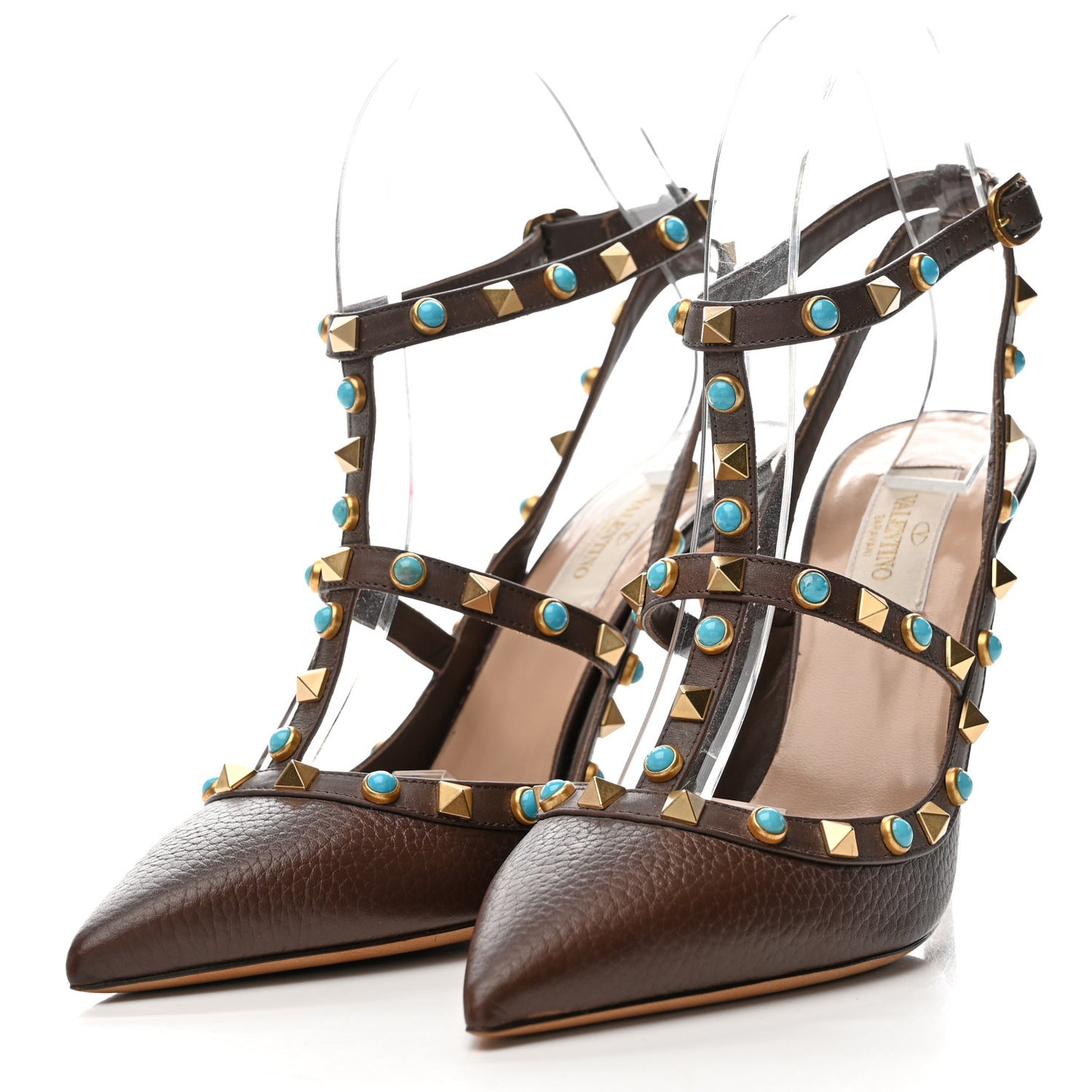 Pebbled Calfskin Turquoise Rockstud Rolling Ankle Strap 100mm Pumps 38 Cacao