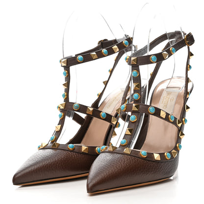 Valentino Garavani Pebbled Calfskin Turquoise Rockstud Rolling Ankle Strap 100mm Pumps 38 Cacao 3 of 10