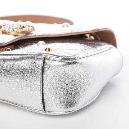 Gucci Metallic Calfskin Matelasse Studded Mini Pearly GG Marmont Shoulder Bag Silver 9 of 9