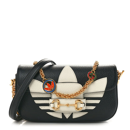 Gucci X ADIDAS Textured Dollar Calfskin Web Small Trefoil Horsebit 1955 Shoulder Bag Black Off White 1 of 11