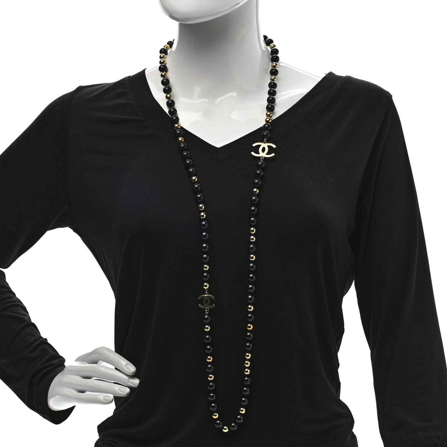 Chanel Beaded CC Long Necklace Black Gold 2 of 5