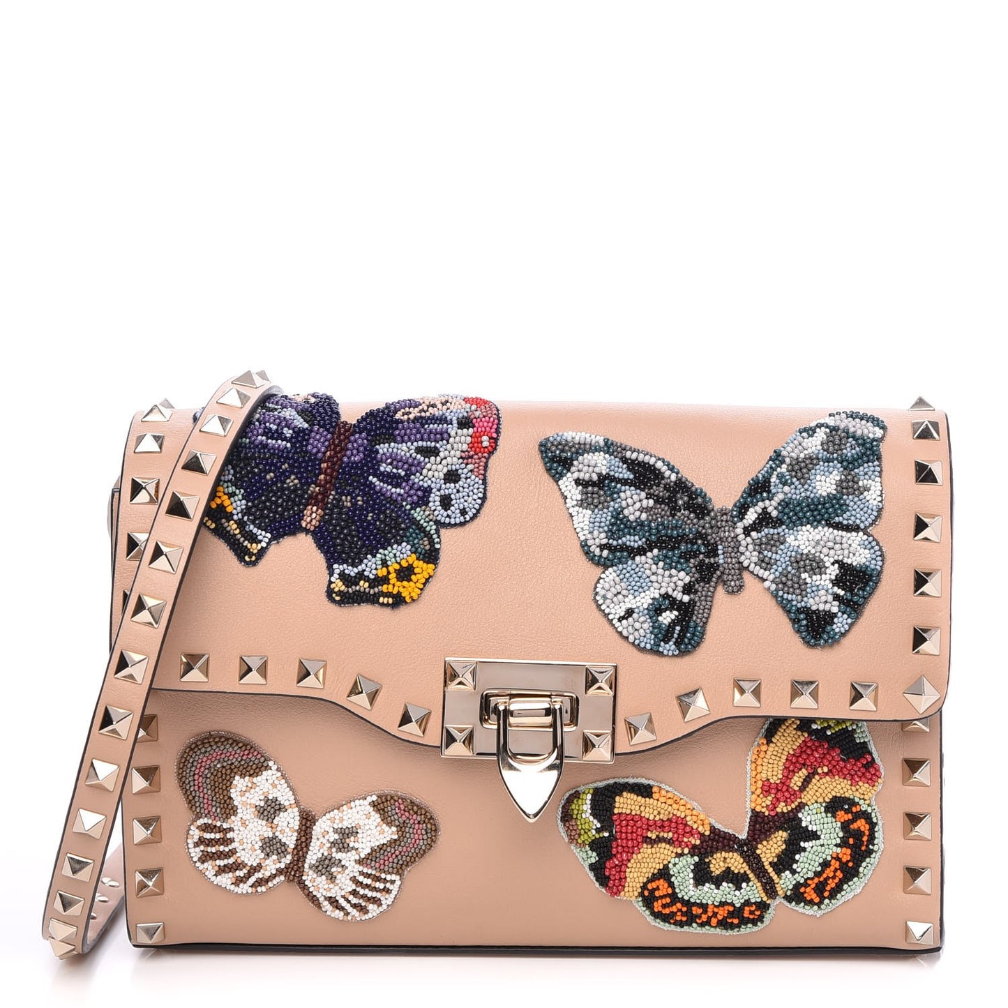 Calfskin Butterfly Embroidered Medium Rockstud Flip Lock Crossbody Bag Skin Sorbet