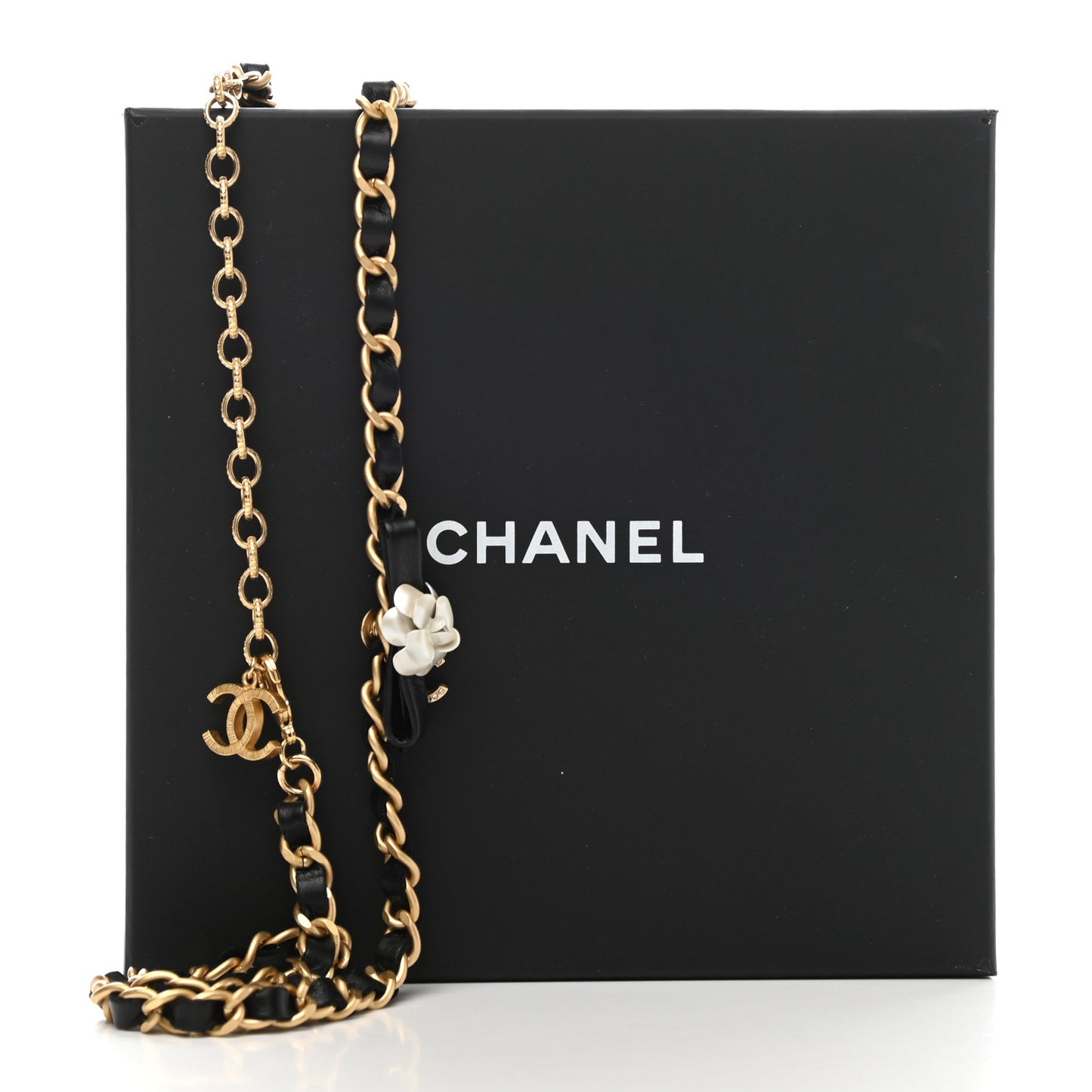 Calfskin Crystal Chain Camellia Belt 80 Black Gold