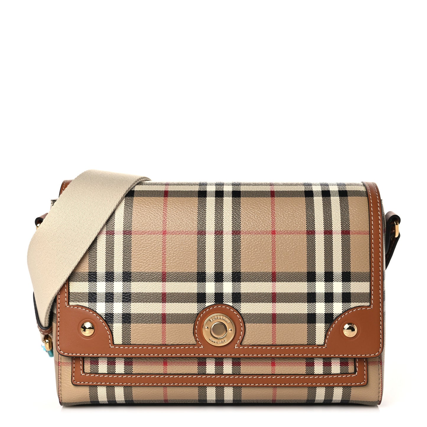 Coated Canvas Calfskin Vintage Check Medium Note Crossbody Bag Briar Brown