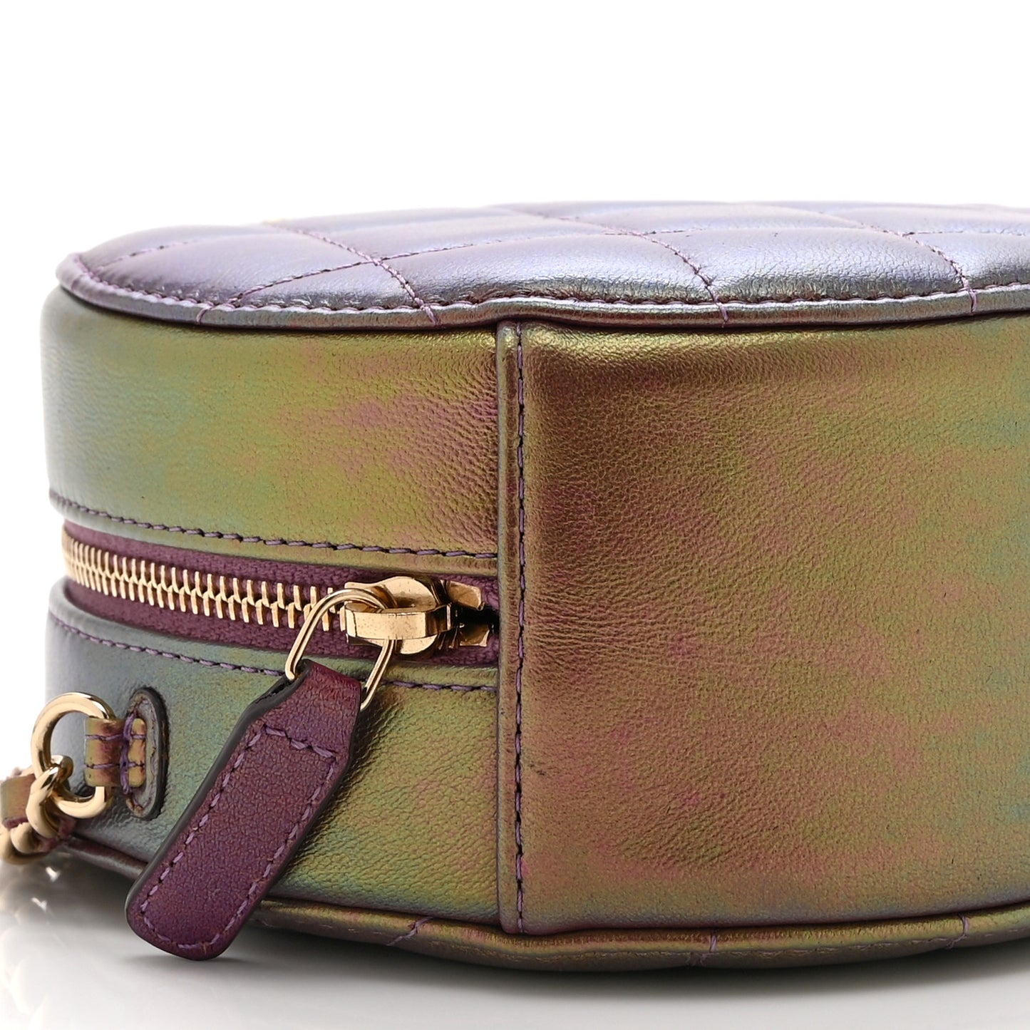 Iridescent Lambskin Quilted Round Clutch With Chain Purple