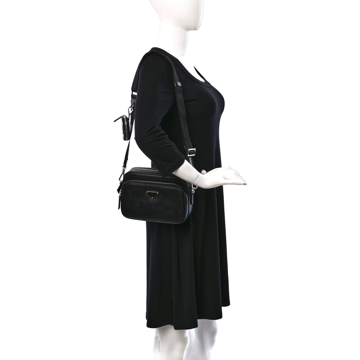 Saffiano Travel Pocket Double Zip Shoulder Bag Black