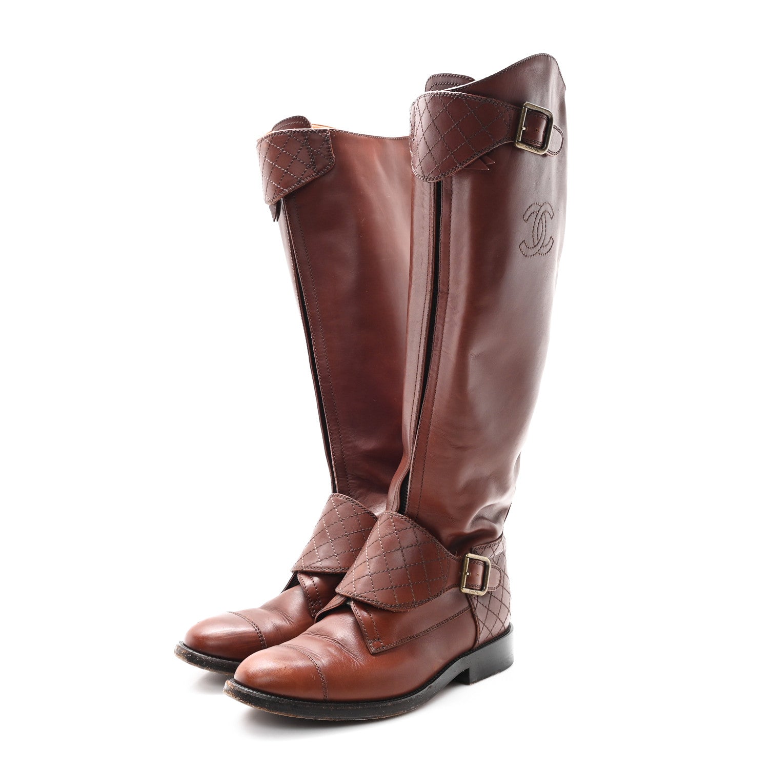 Chanel Calfskin Stitched CC Knee High Buckle Riding Boots 37.5 Brown 3 of 11
