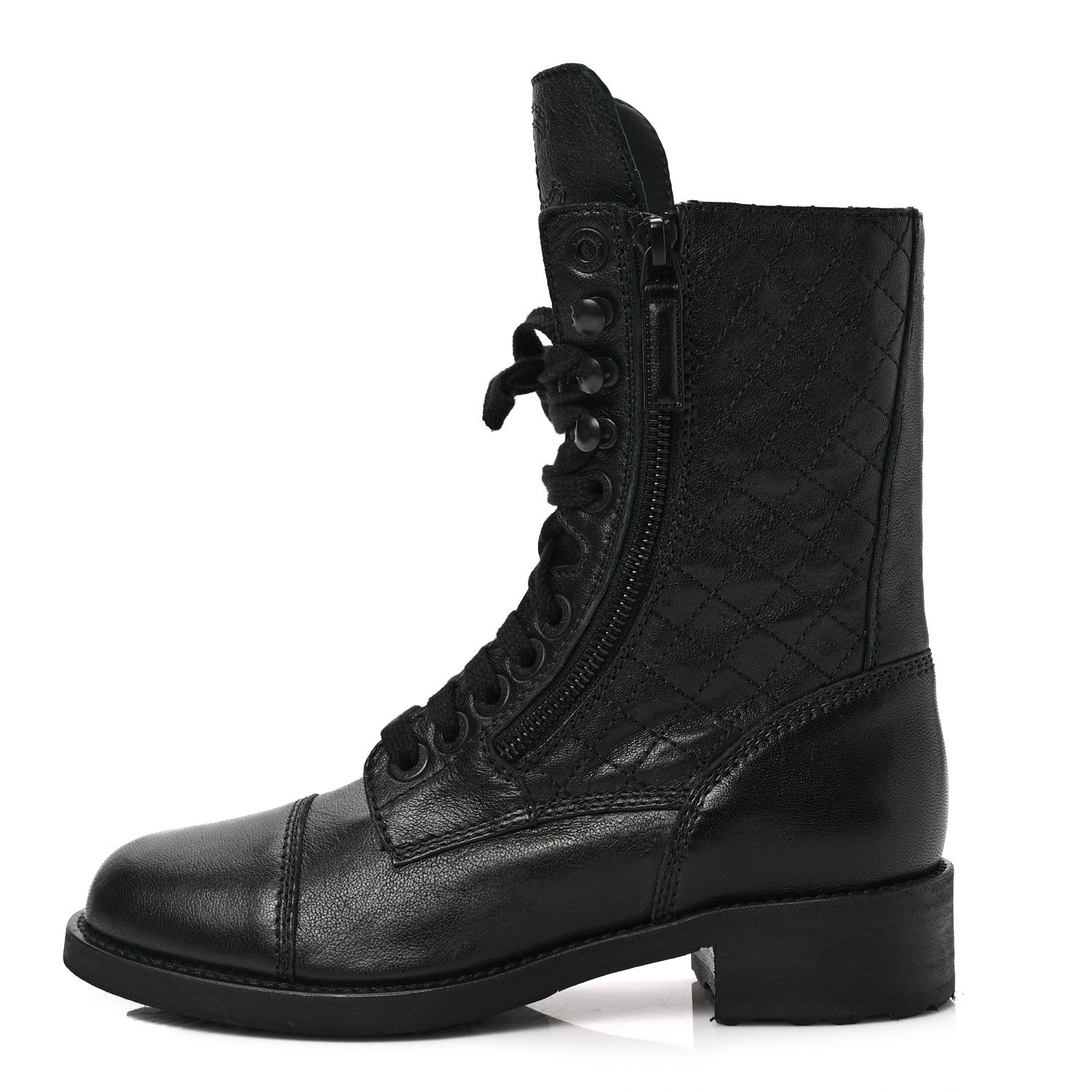 Chanel Sheepskin Quilted CC Tall Lace Up Combat Boots 36.5 Black 1 of 6