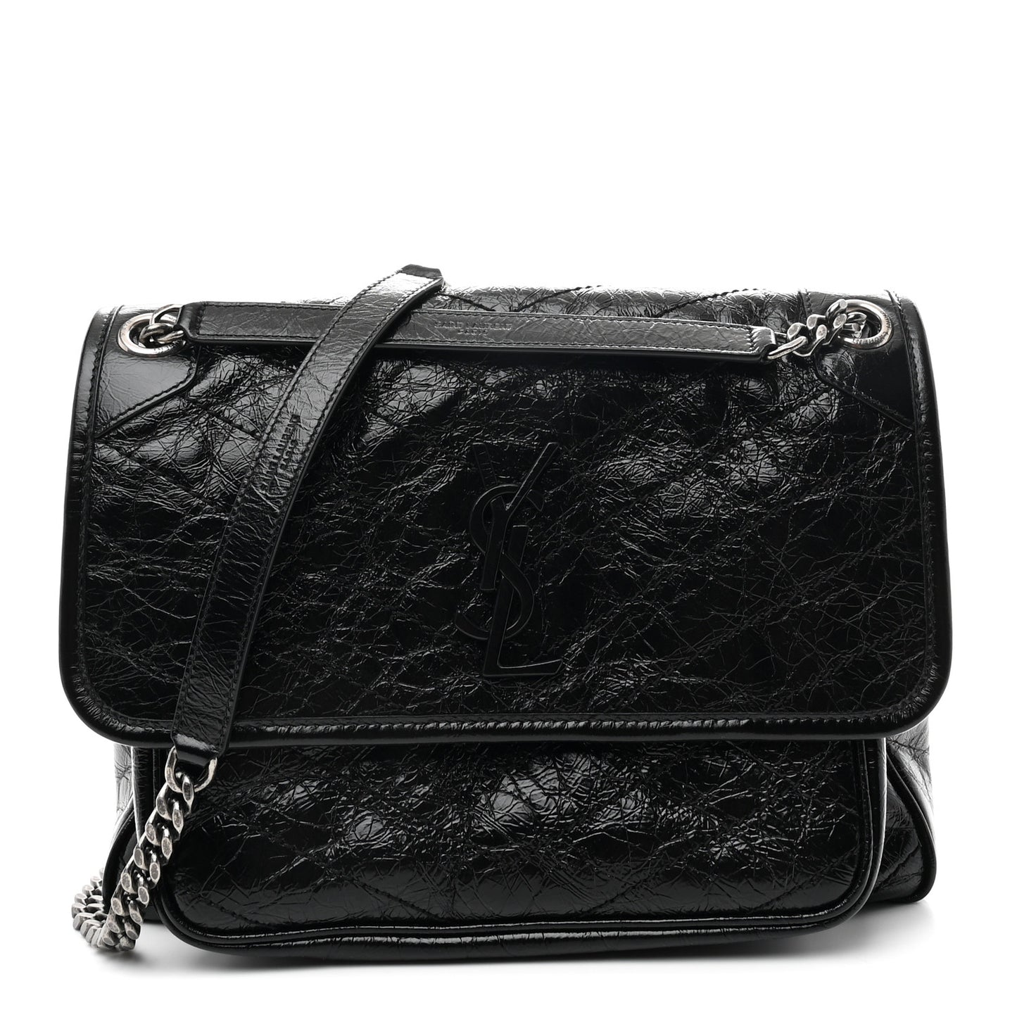 Crinkled Calfskin Matelasse Monogram Medium Niki Chain Satchel Black