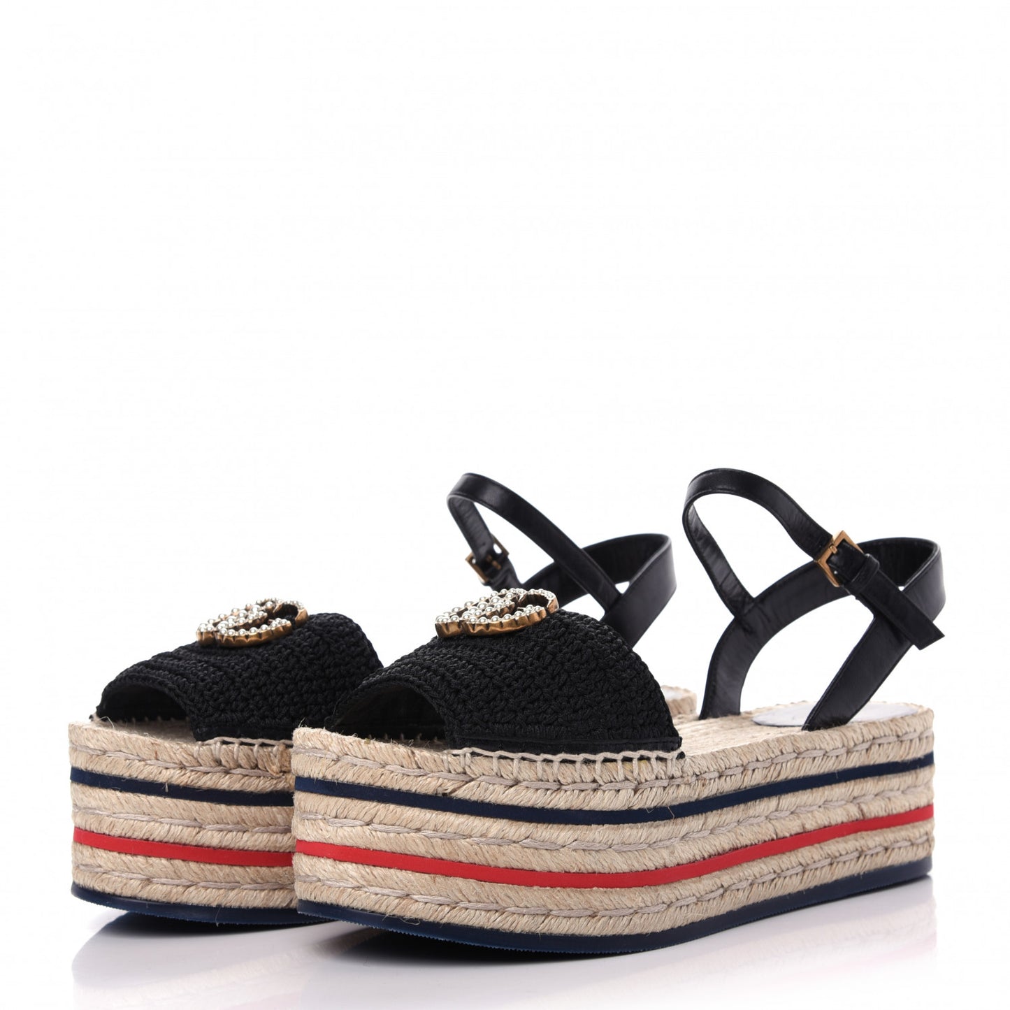 Cotton Malaga Kid Crochet Pearly GG Lilibeth Espadrille Platform Sandals 37.5 Black