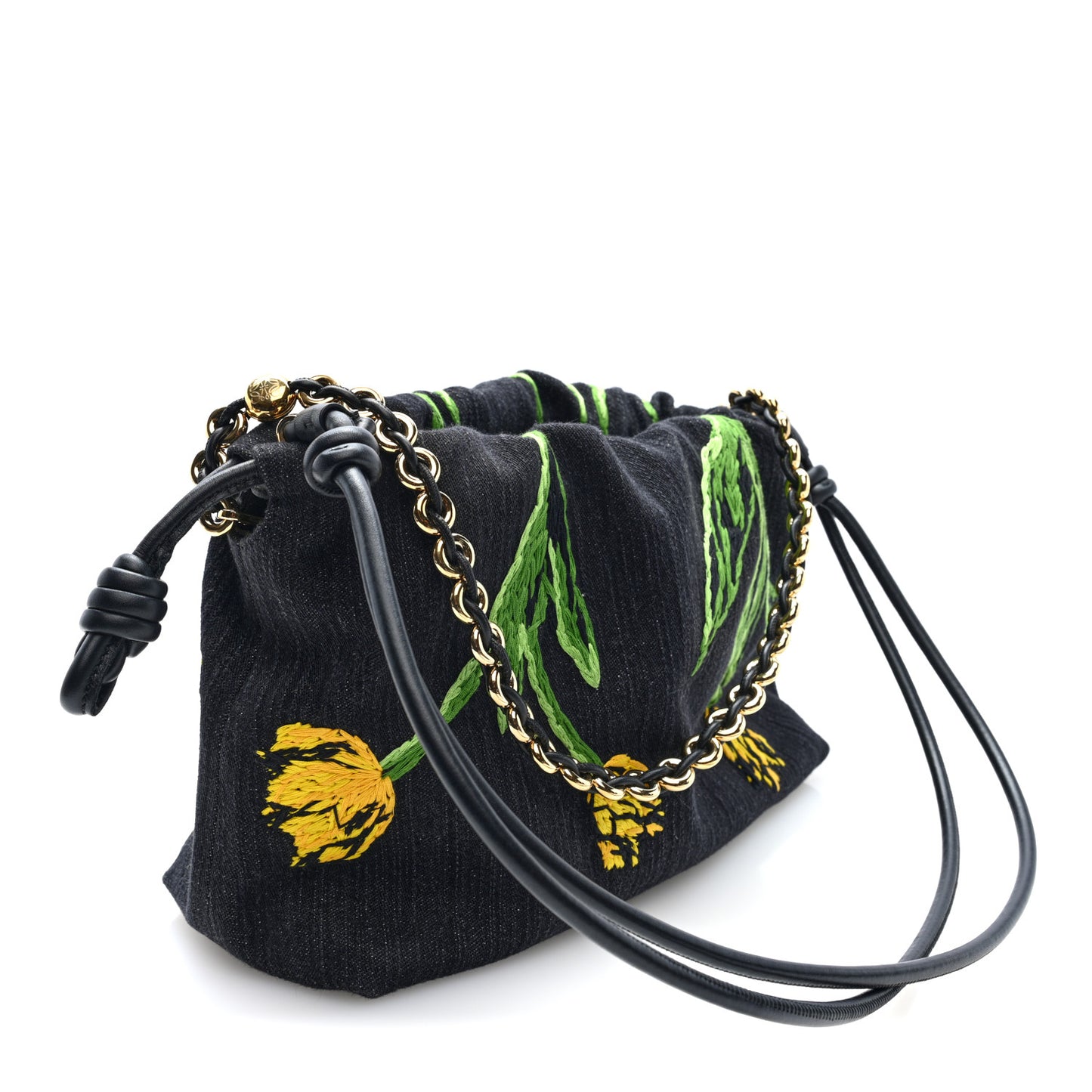 Denim Calfskin Tulip Paulas Ibiza Medium Donut Chain Flamenco Knot Clutch Black Multicolor