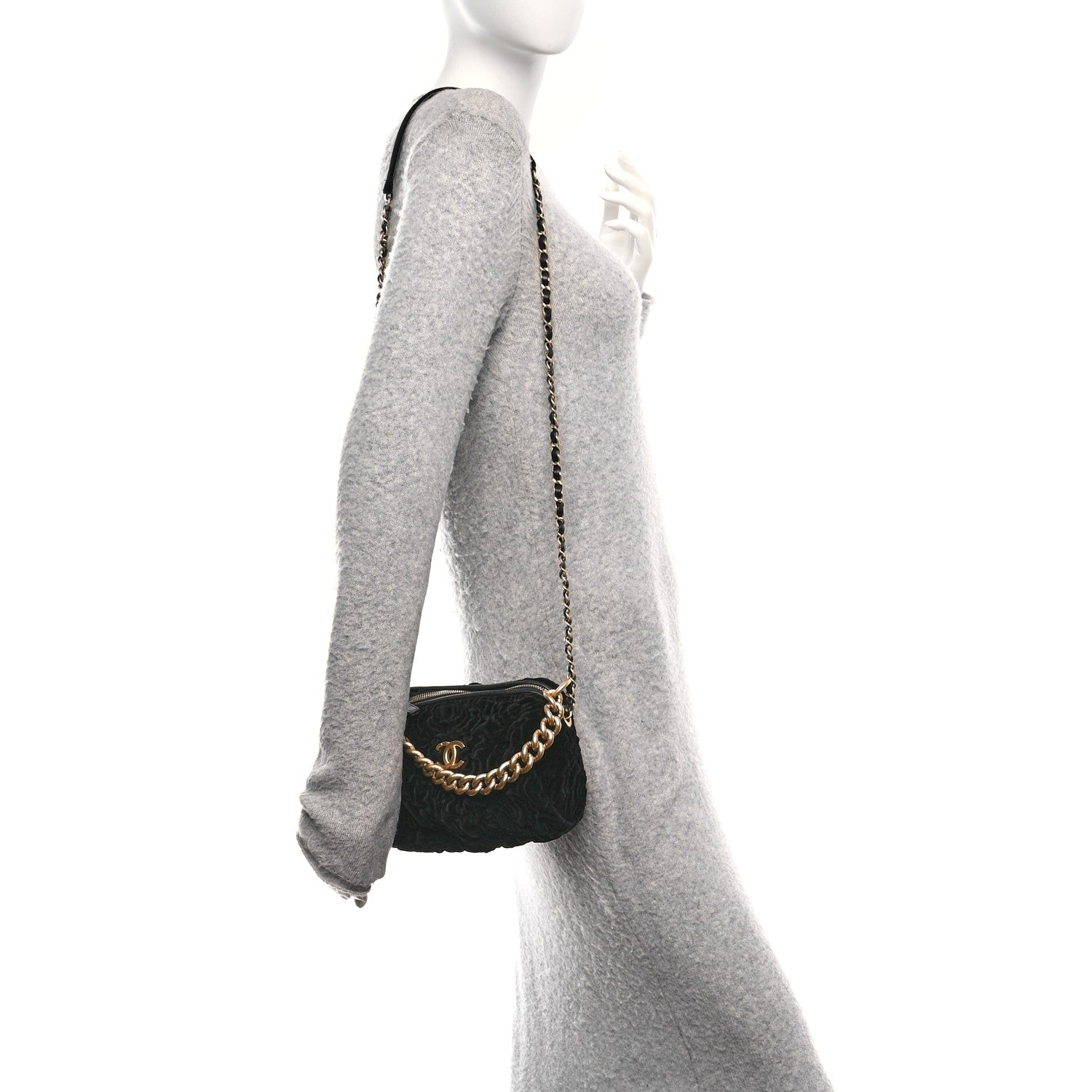 Chanel Velvet Camellia Embossed Barrel Clutch With Chain  Black 2 of 10