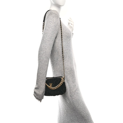 Chanel Velvet Camellia Embossed Barrel Clutch With Chain  Black 2 of 10