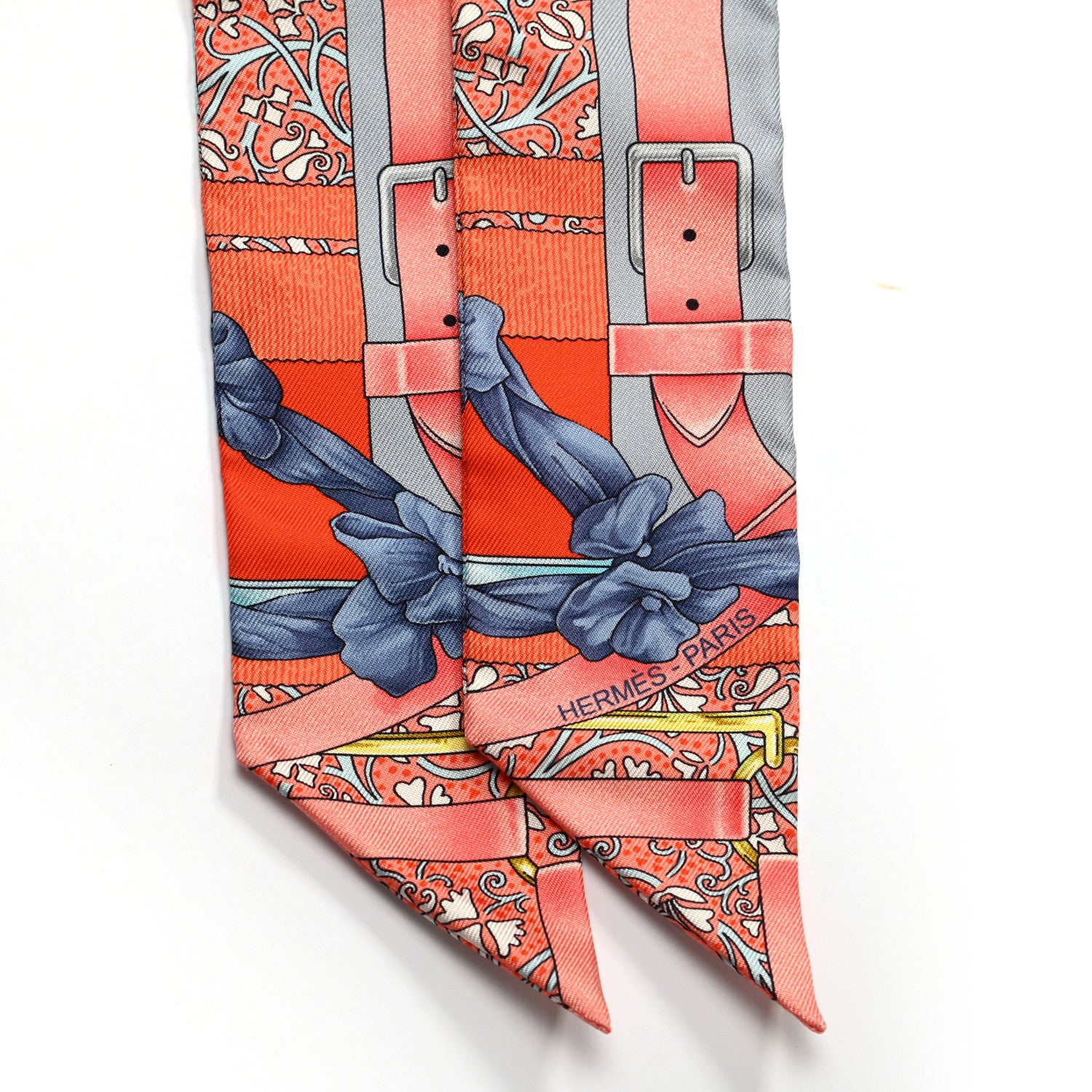 Hermes Silk Grand Manege Fleuri Twilly Orange Turquoise Gris 2 of 4