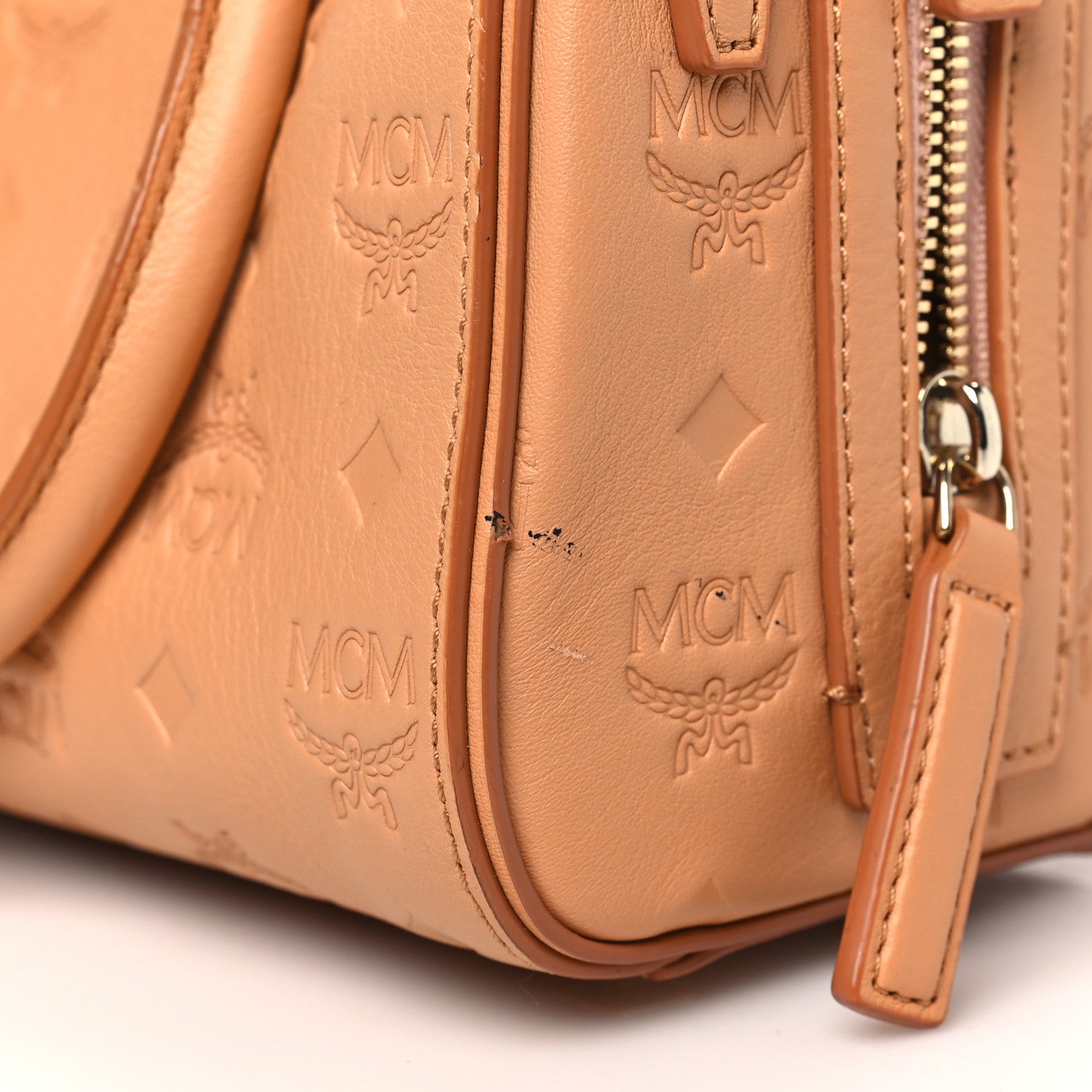 MCM Calfskin Ottomar Monogram Small Essential Boston Bag Sandstone 14 of 14