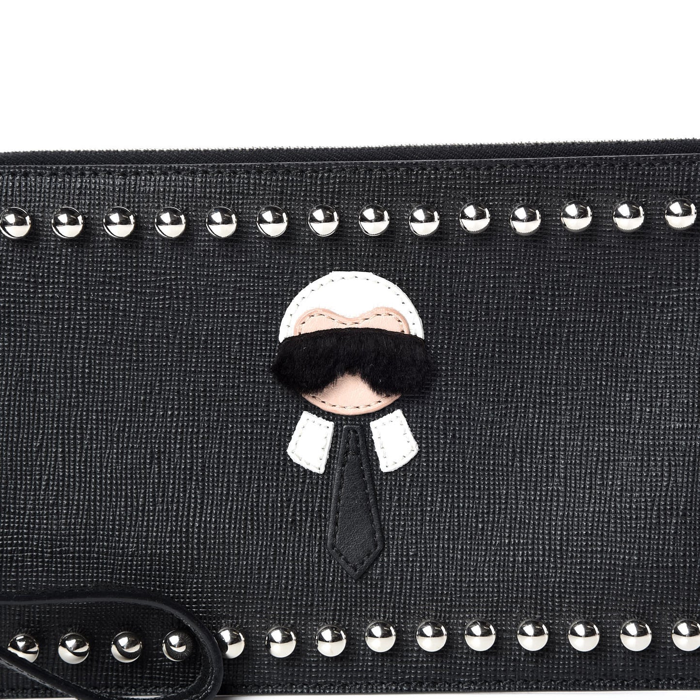 Vitello Elite Mink Fur Studded Karlito Zip Pouch Black