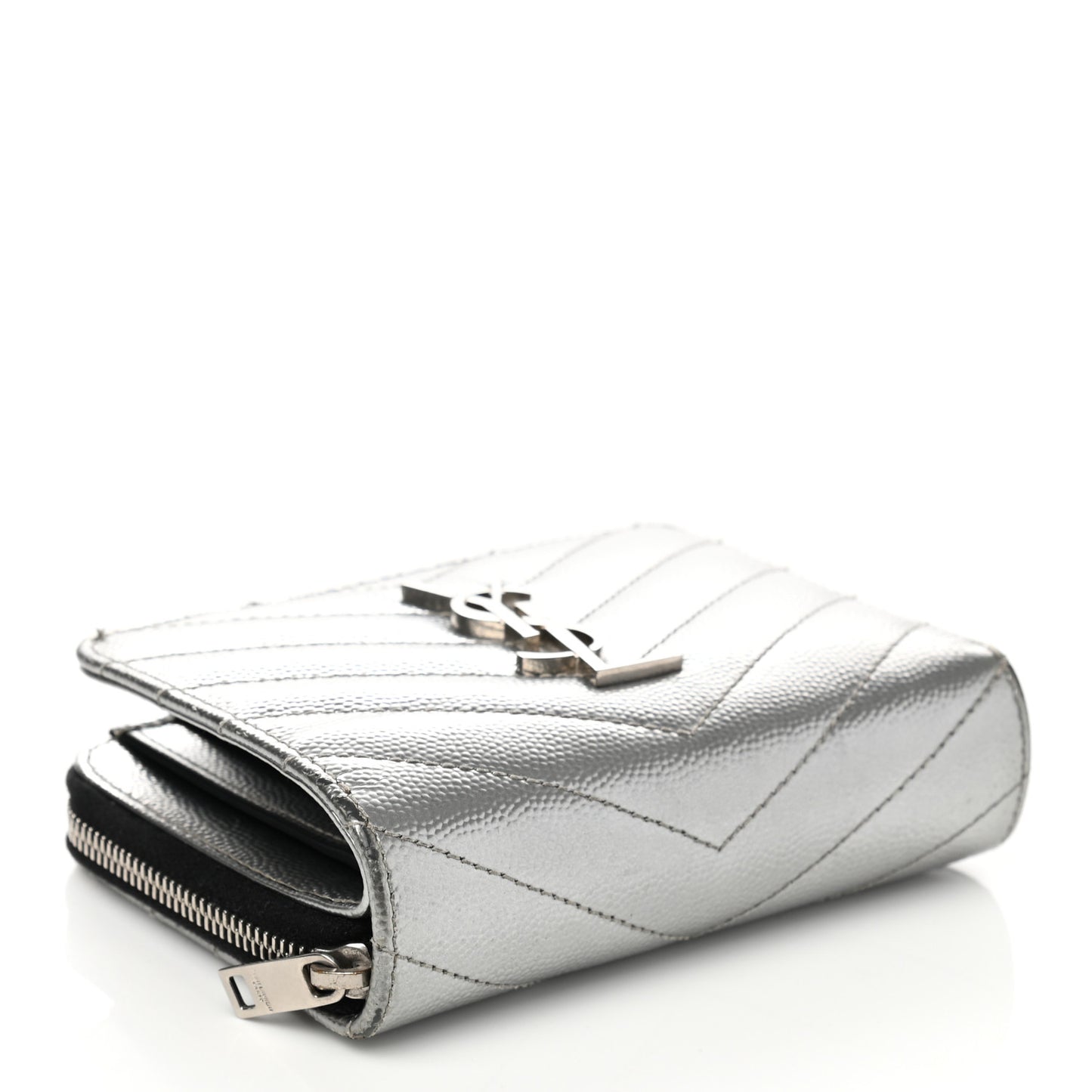 Metallic Grain De Poudre Matelasse Chevron Monogram Compact Zip Around Wallet Silver