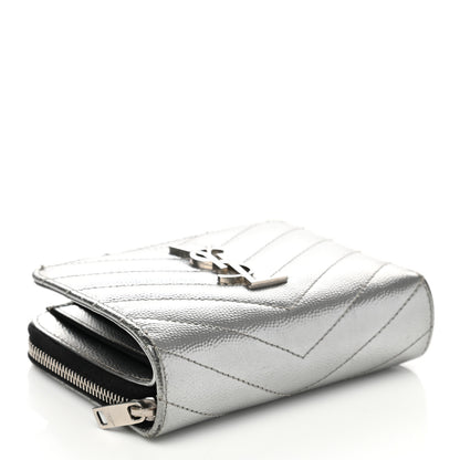 Saint Laurent Metallic Grain De Poudre Matelasse Chevron Monogram Compact Zip Around Wallet Silver 4 of 8