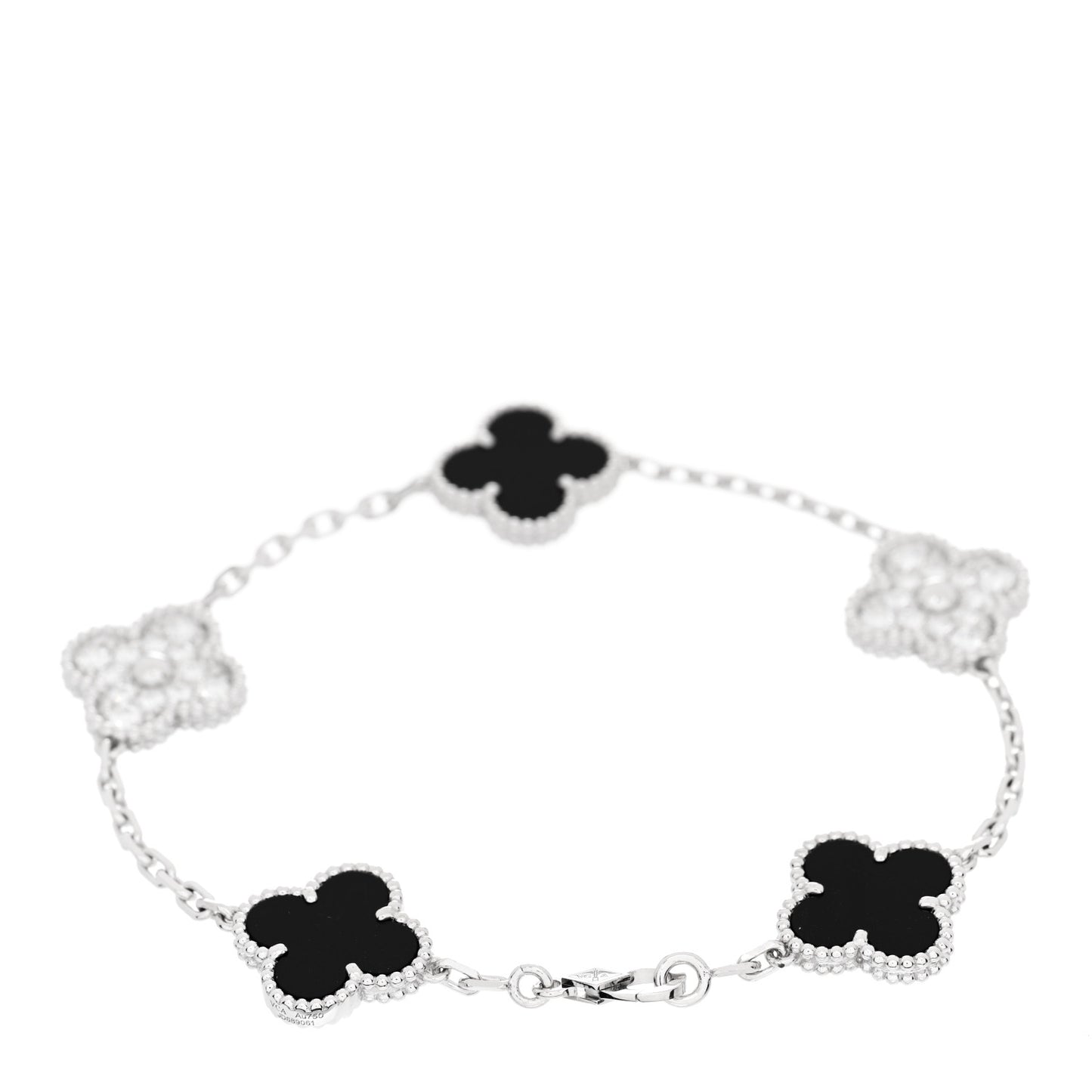 18K White Gold Diamond Black Onyx 5 Motifs Vintage Alhambra Bracelet