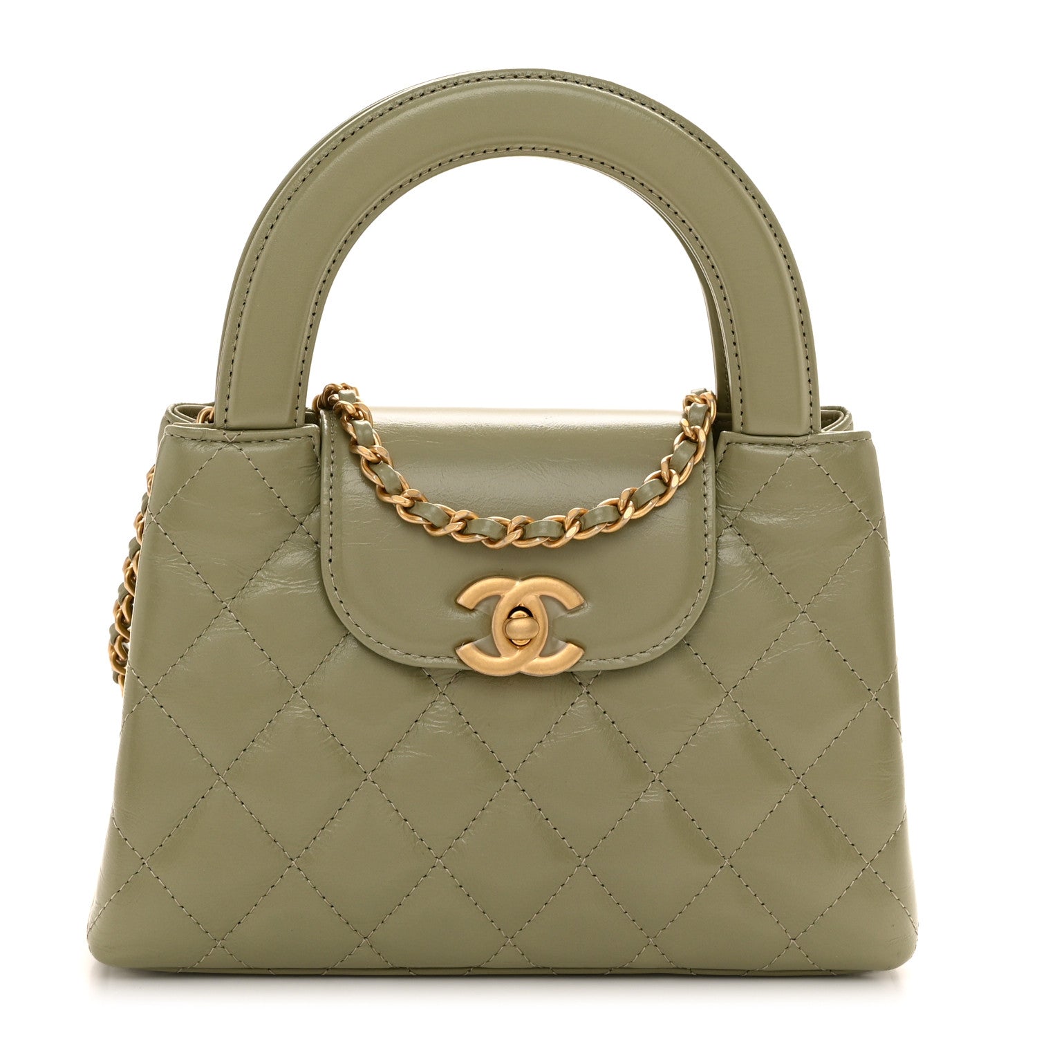 Chanel Shiny Aged Calfskin Quilted Nano Kelly Shopper Khaki 1 of 11