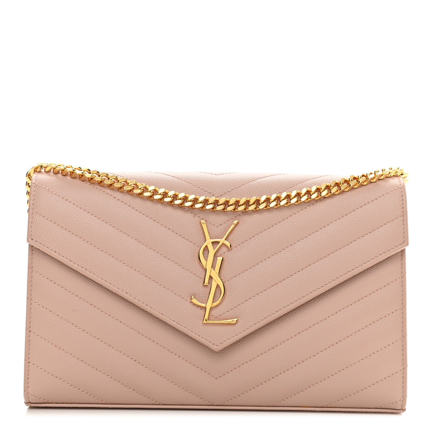 Saint Laurent Grain De Poudre Matelasse Chevron Monogram Chain Wallet Pale Pink 1 of 13