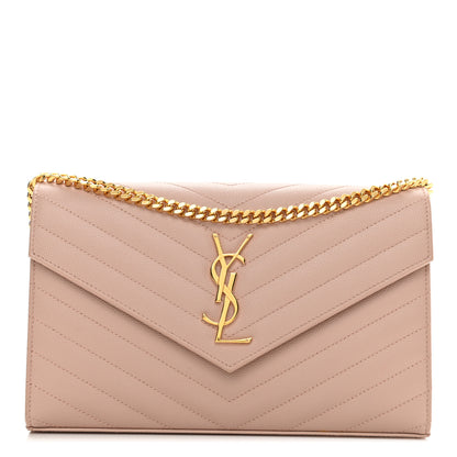 Saint Laurent Grain De Poudre Matelasse Chevron Monogram Chain Wallet Pale Pink 1 of 13