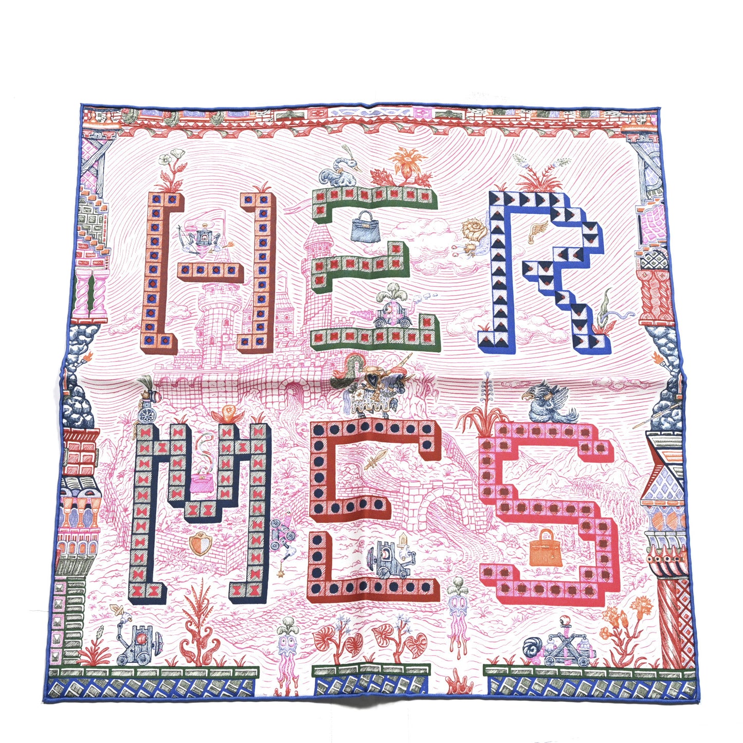 Silk Twill Super Silk Quest Detail Scarf 45 Rose Bleu Vert