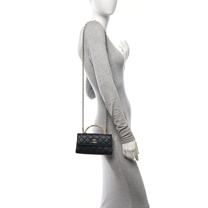 Chanel Lambskin Pearl Crystal Quilted Pearly Girl Handle Flap Phone Holder With Chain Black 2 of 12