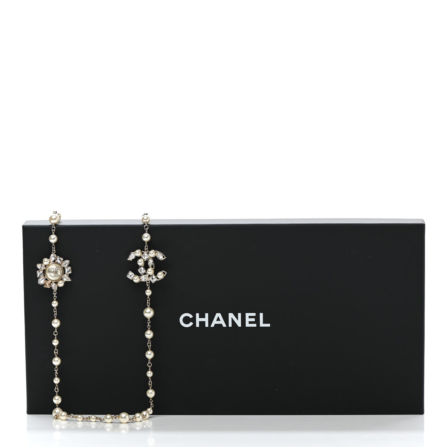 Pearl Crystal CC Snowfall Long Necklace Gold