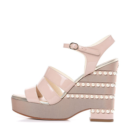 Chanel Patent Calfskin Pearl CC Wedge Sandals 41 Light Pink 1 of 11
