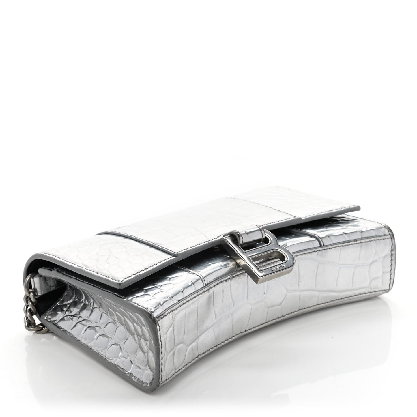 Metallic Calfskin Crocodile Embossed Hourglass Chain Bag Silver