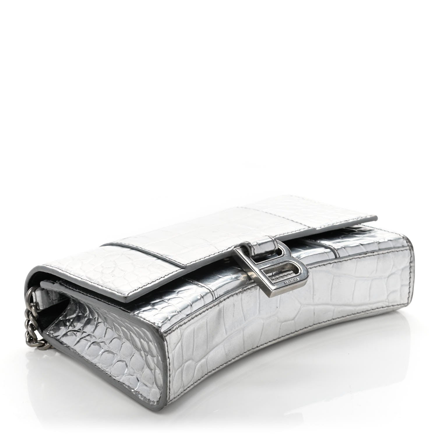 Balenciaga Metallic Calfskin Crocodile Embossed Hourglass Chain Bag Silver 4 of 10