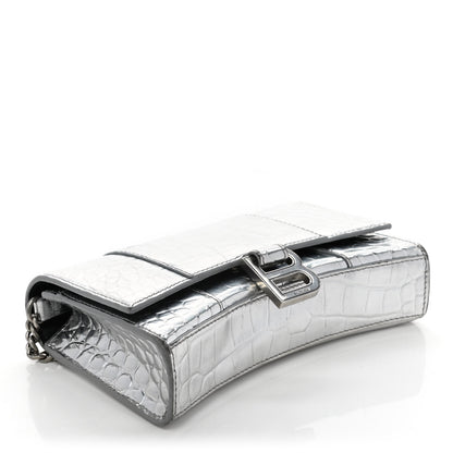 Balenciaga Metallic Calfskin Crocodile Embossed Hourglass Chain Bag Silver 4 of 10