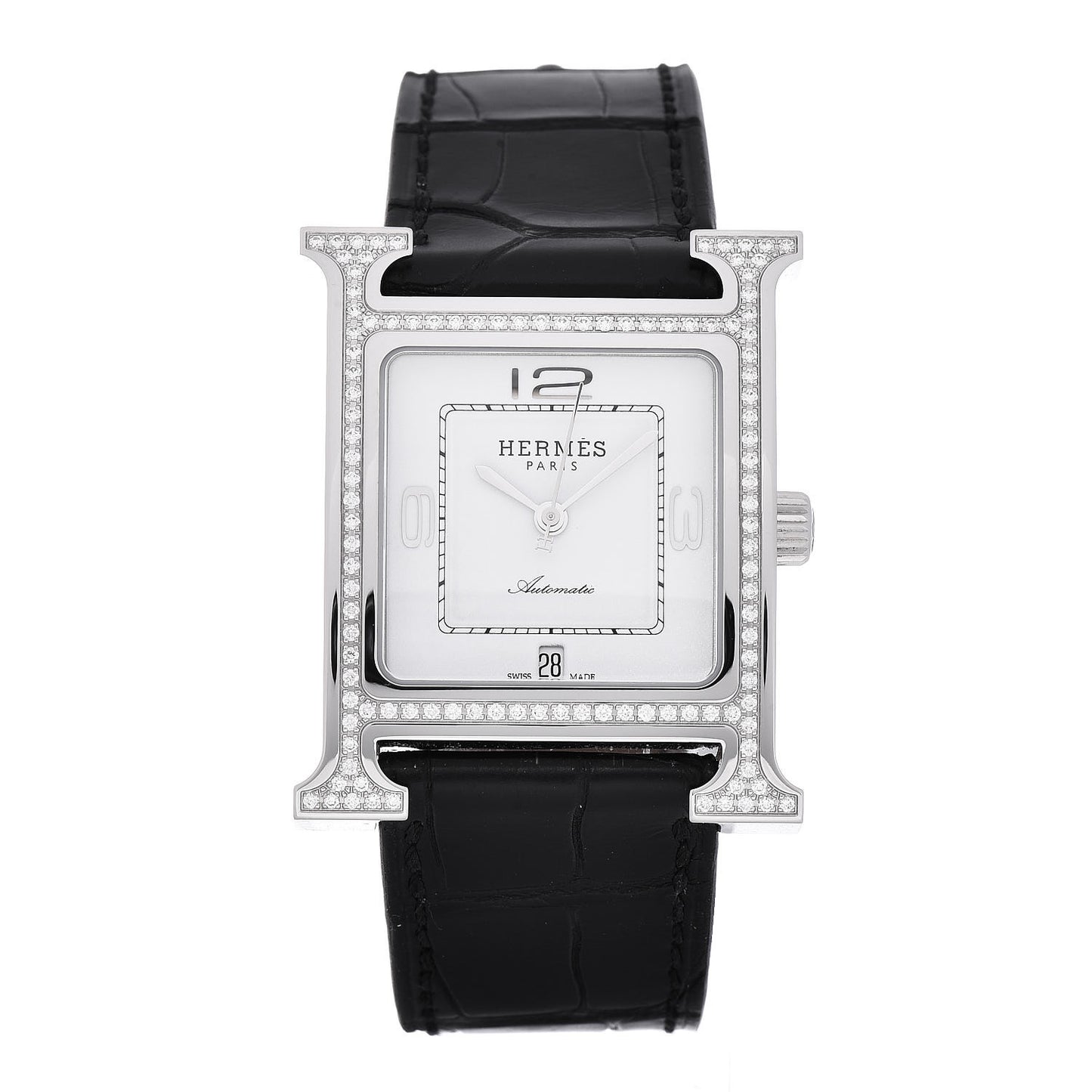 Stainless Steel Alligator Diamond Bezel 26mm Heure H Hour Automatic Watch Noir