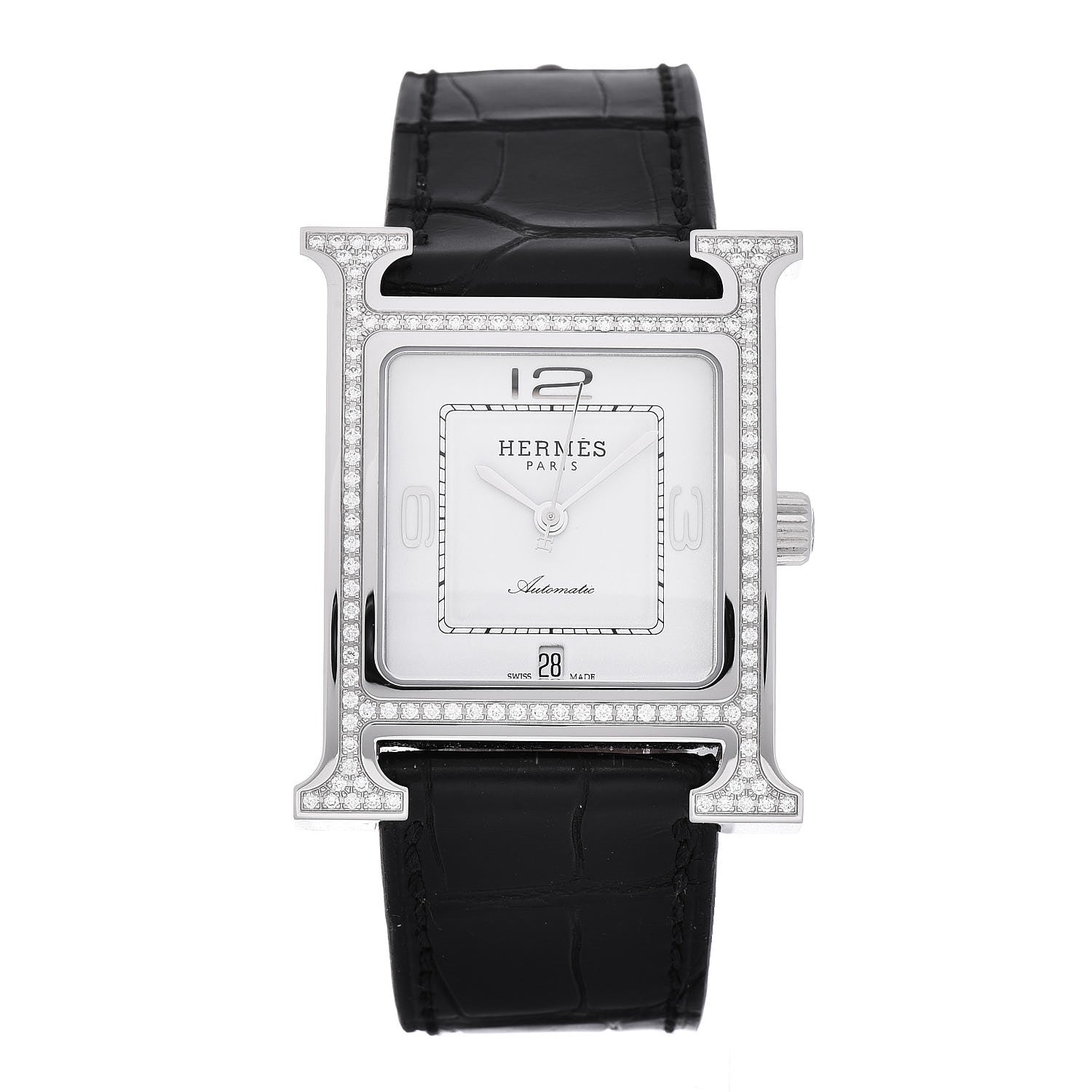 Hermes Stainless Steel Alligator Diamond Bezel 26mm Heure H Hour Automatic Watch Noir 1 of 6