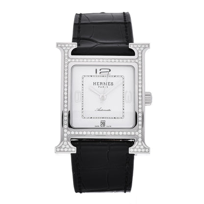 Hermes Stainless Steel Alligator Diamond Bezel 26mm Heure H Hour Automatic Watch Noir 1 of 6