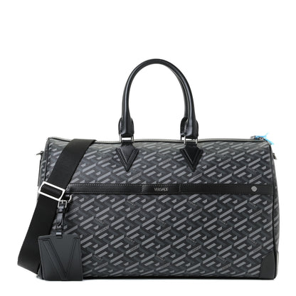 Versace Coated Canvas Calfskin La Greca Signature Travel Bag Black Grey 1 of 10