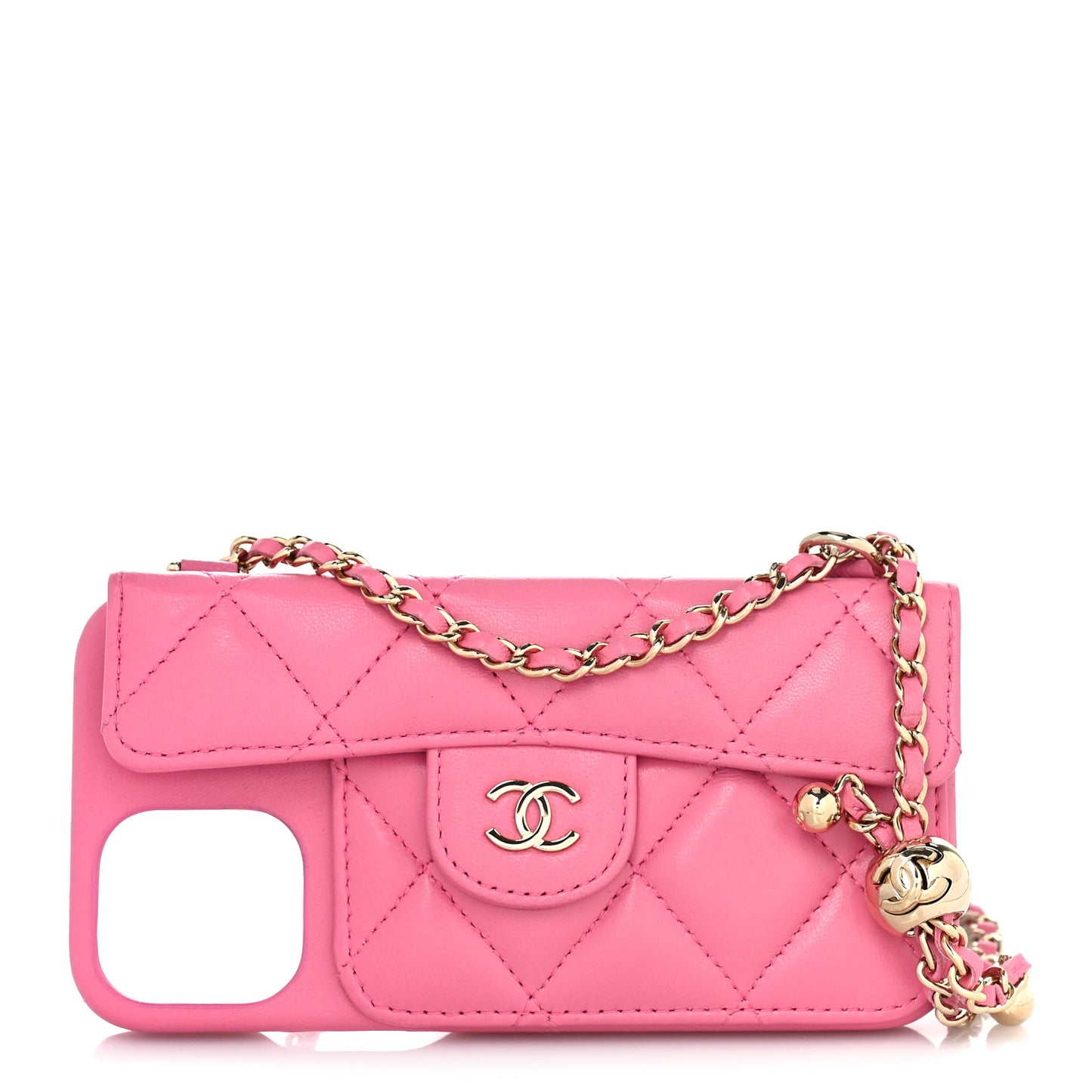 Lambskin Quilted Pearl Crush iPhone XII Pro Holder With Chain Pink