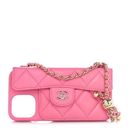 Chanel Lambskin Quilted Pearl Crush iPhone XII Pro Holder With Chain Pink 1 of 10
