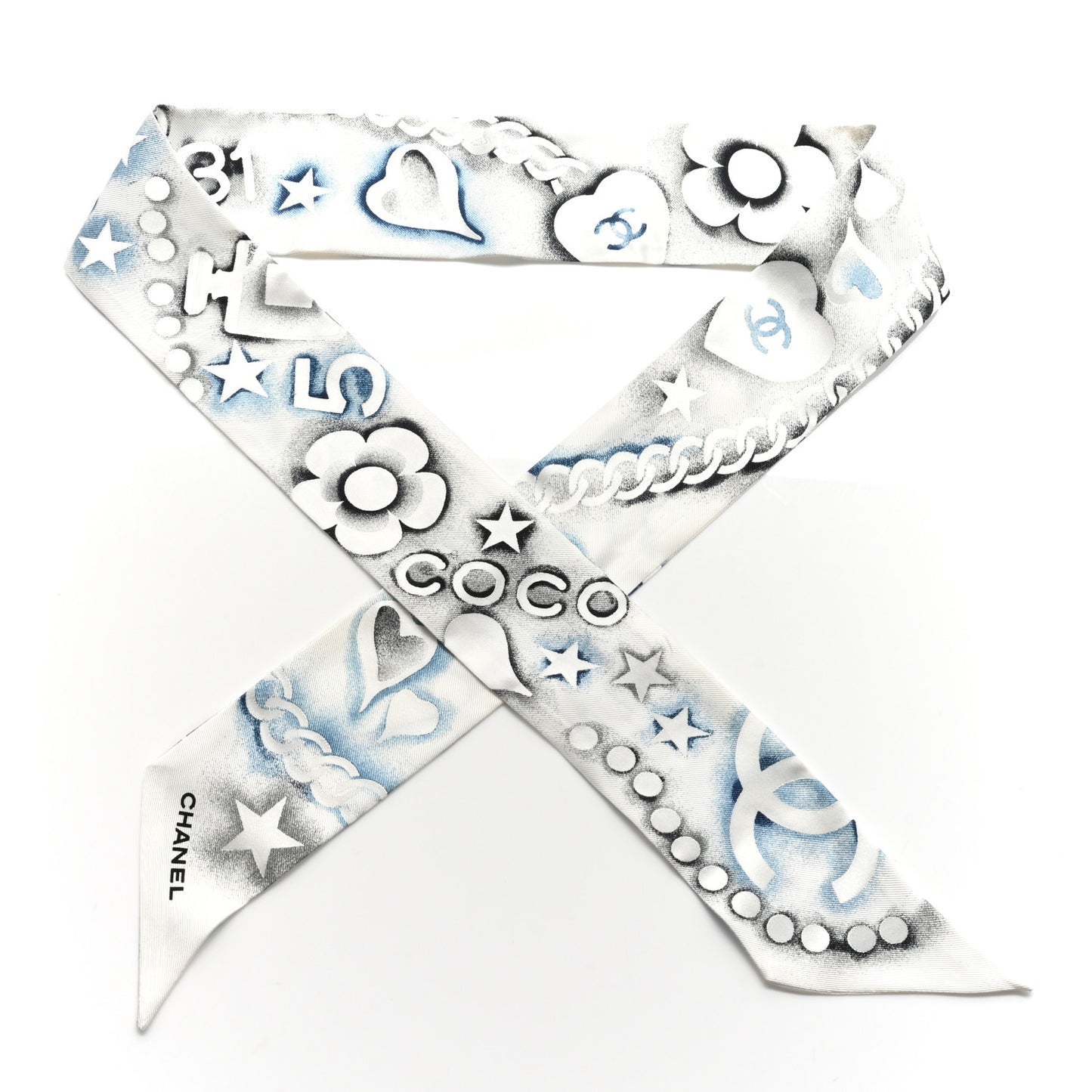 Silk CC Slim Bandeau Scarf White Blue